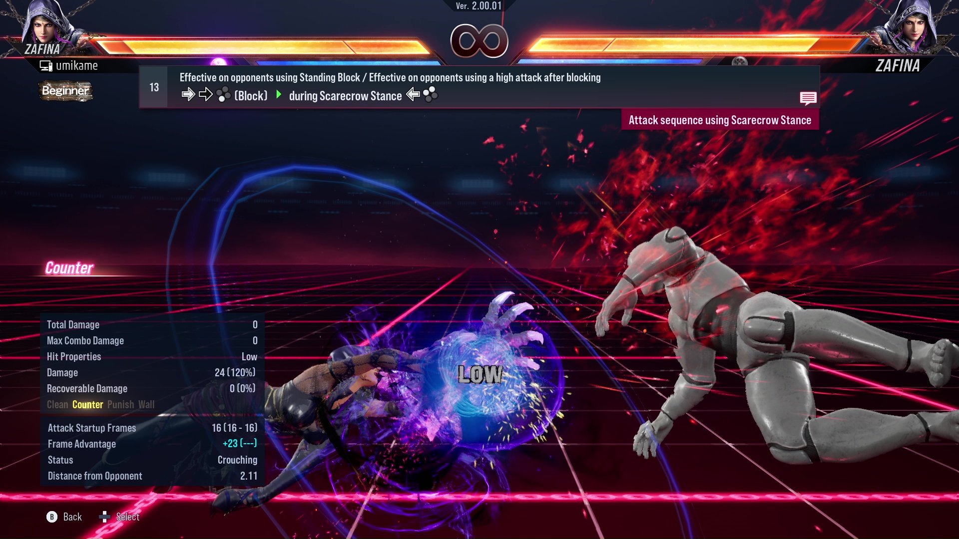 Effective on opponents using Standing Block / Effective on opponents using a high attack after blocking