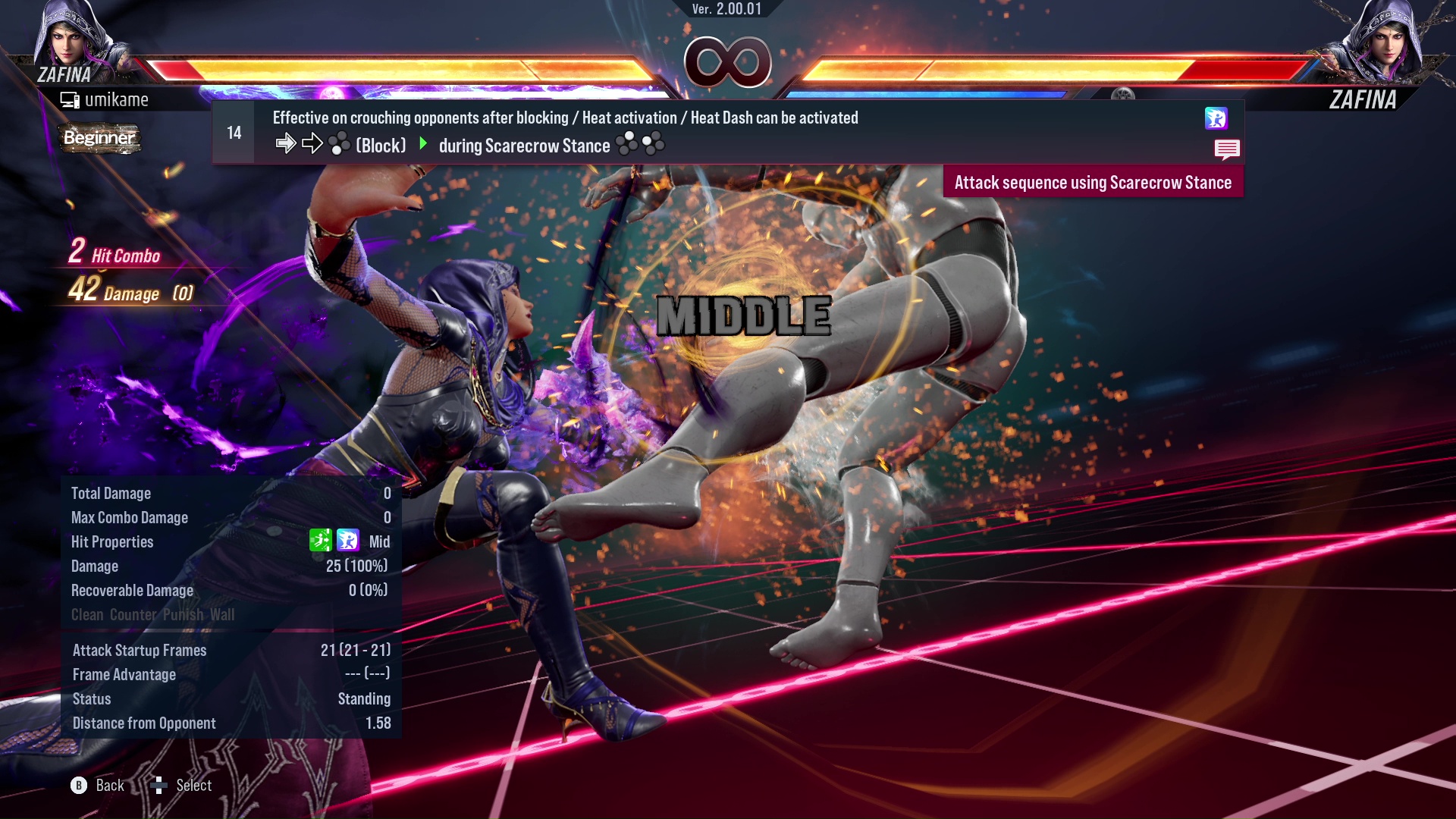 Effective on crouching opponents after blocking / Heat activation / Heat Dash can be activated