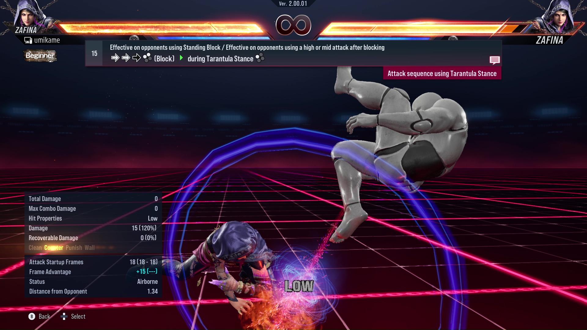 Effective on opponents using Standing Block / Effective on opponents using a high or mid attack after blocking