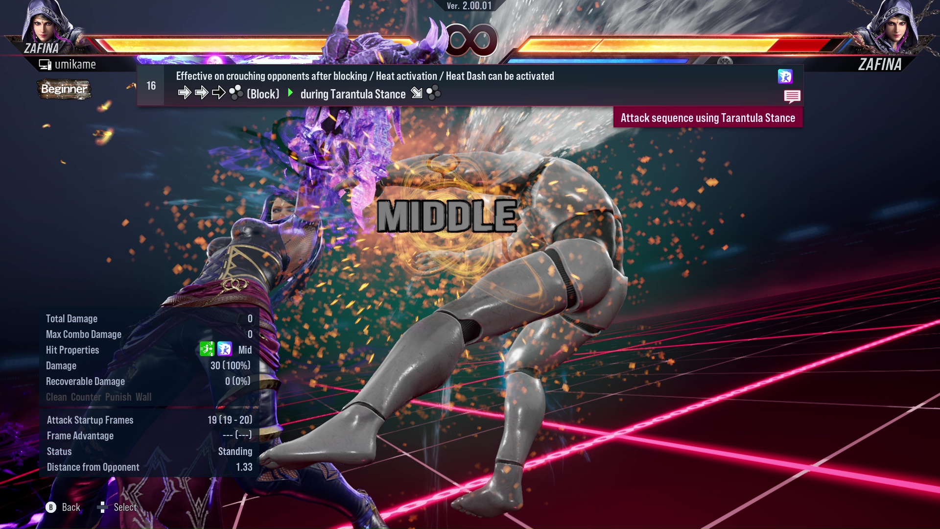 Effective on crouching opponents after blocking / Heat activation / Heat Dash can be activated