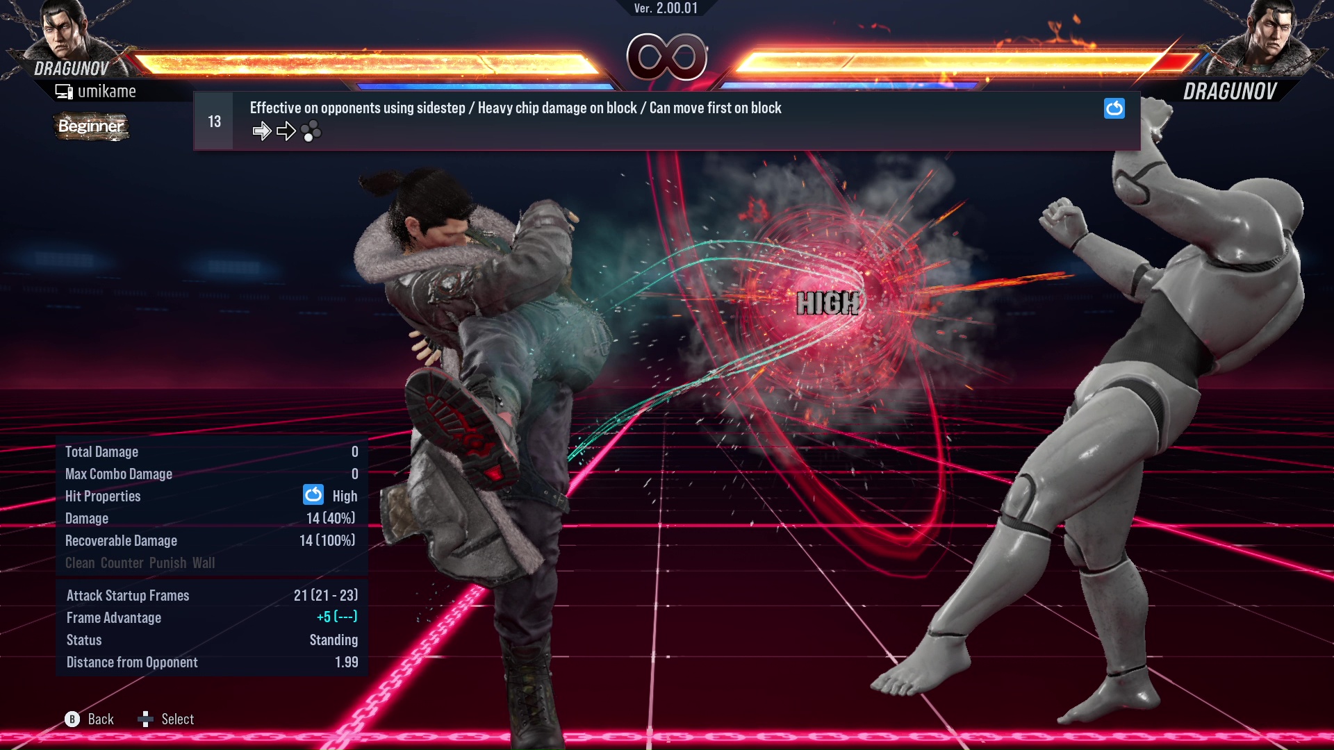 Effective on opponents using sidestep / Heavy chip damage / Can move first on block