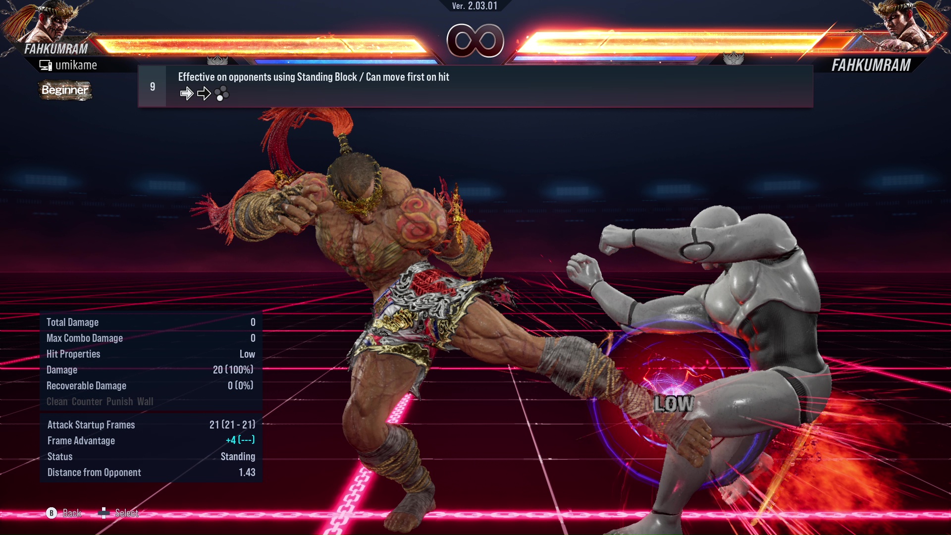 Effective on opponents using Standing Block / Can move first on hit