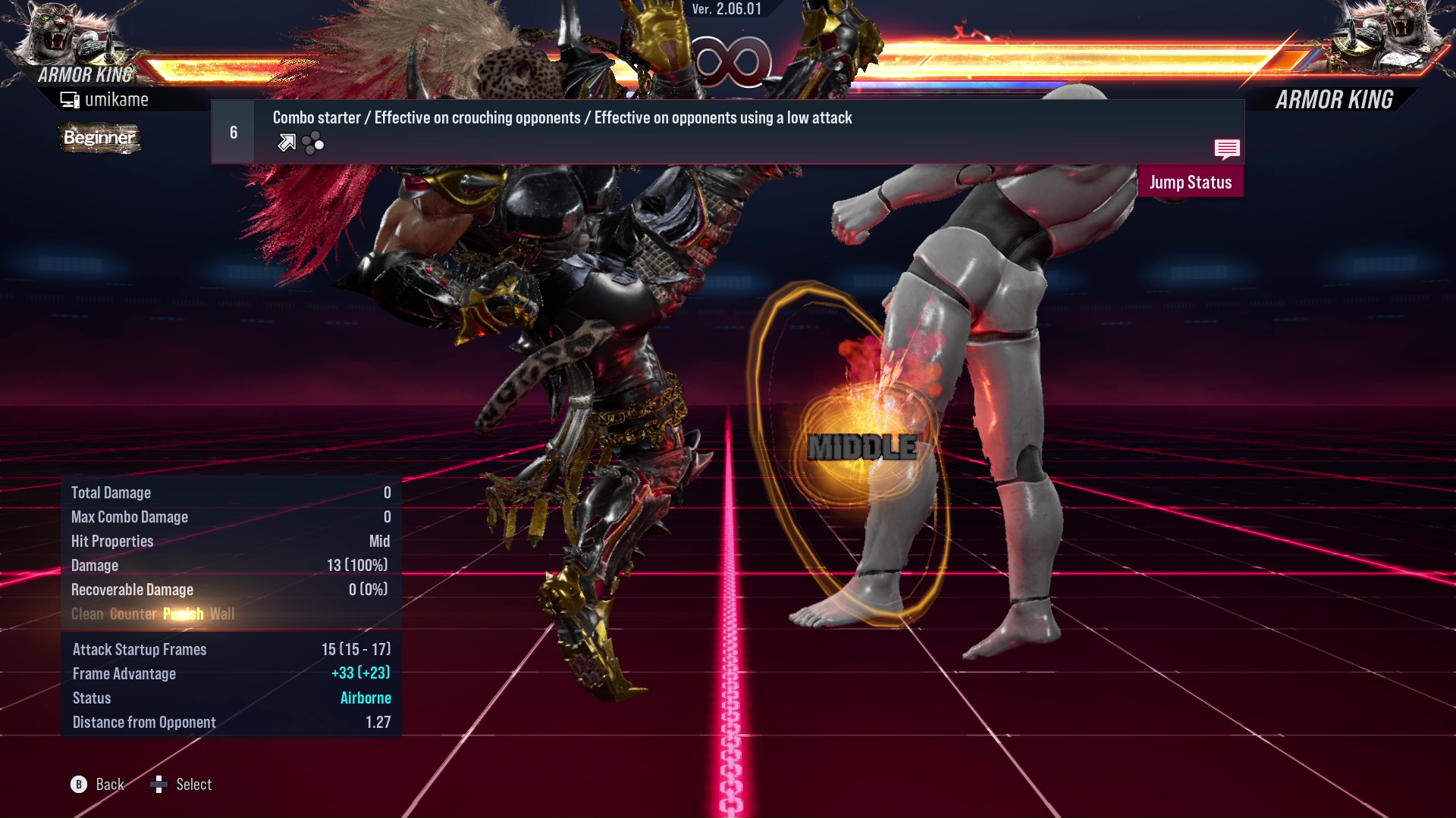 Combo starter /  Effective on crouching opponents / Effective on opponents using a low attack