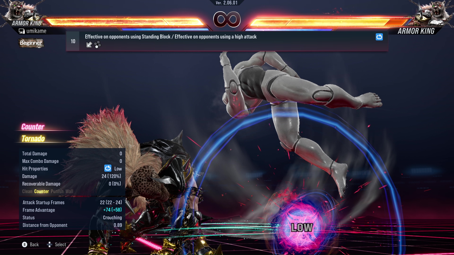 Effective on opponents using Standing Block / Effective on opponents using a high attack