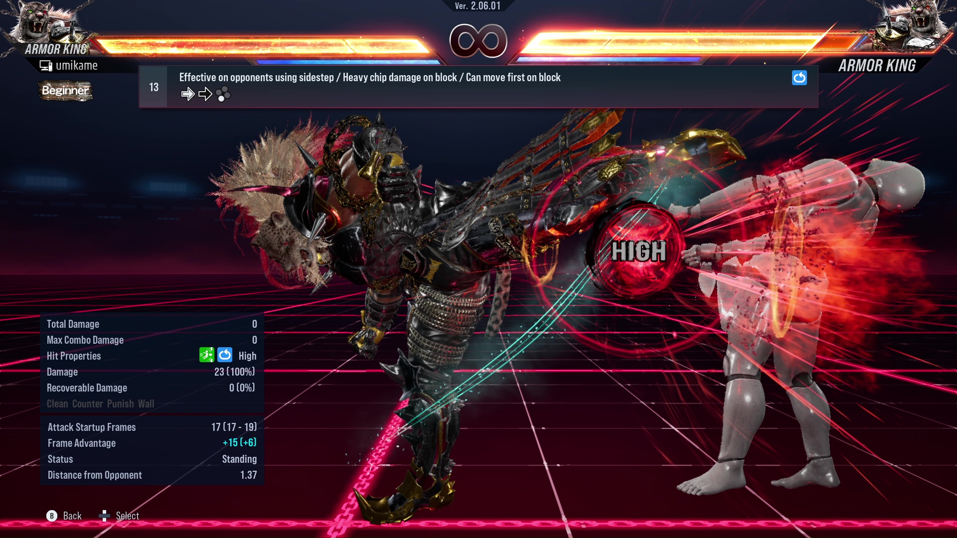 Effective on opponents using sidestep / Heavy chip damage on block / Can move first on block