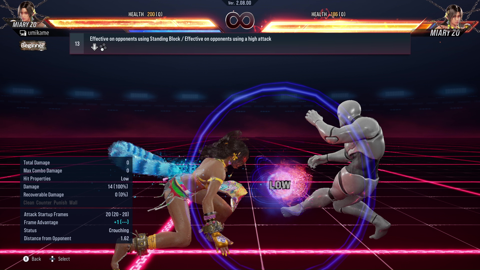 Effective on opponents using Standing Block / Effective on opponents using a high attack