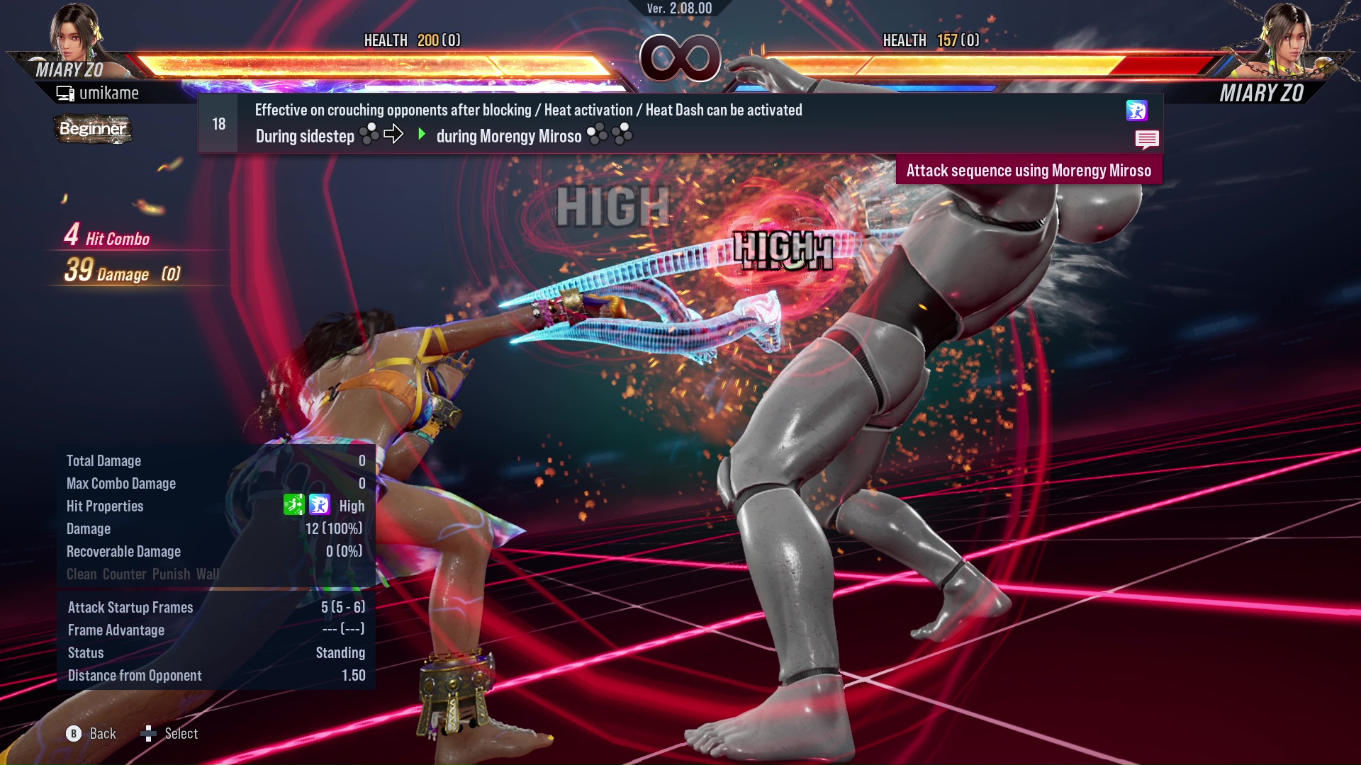 Effective on crouching opponents after blocking / Heat activation / Heat Dash can be activated